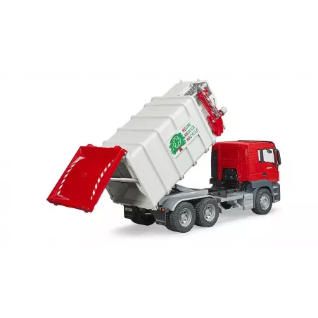 Camión de basura de juguete MAN TGS de Bruder a escala 1:16 con cargador lateral y contenedor trasero.