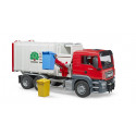 Camión de basura de juguete MAN TGS de Bruder a escala 1:16 con cargador lateral y contenedor trasero.