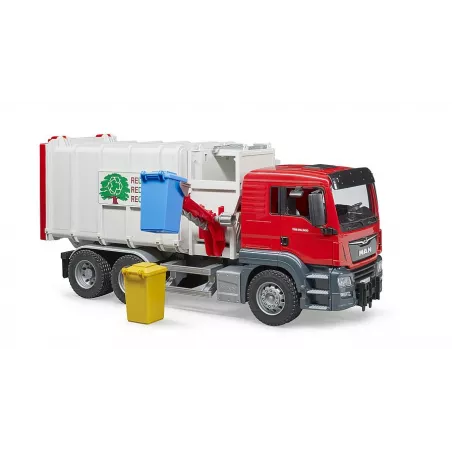 Camión de basura de juguete MAN TGS de Bruder a escala 1:16 con cargador lateral y contenedor trasero.