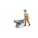 Set de trabajador municipal Bruder con figura articulada, carretilla, pala y escoba de juguete.