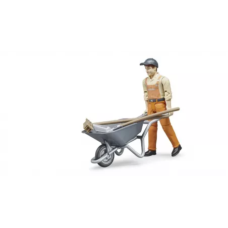 Set de trabajador municipal Bruder con figura articulada, carretilla, pala y escoba de juguete.
