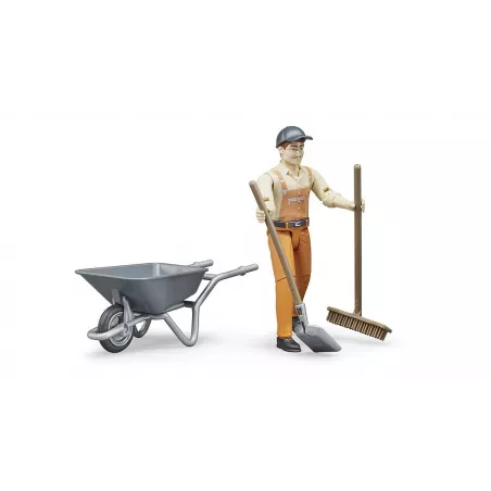 Set de trabajador municipal Bruder con figura articulada, carretilla, pala y escoba de juguete.