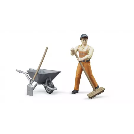 Set de trabajador municipal Bruder con figura articulada, carretilla, pala y escoba de juguete.