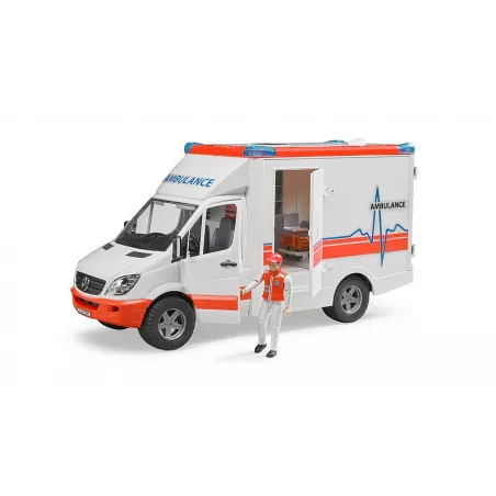 Ambulancia de juguete MB Sprinter de Bruder con luces, sonido y camilla para niños.