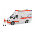 Ambulancia de juguete MB Sprinter de Bruder con luces, sonido y camilla para niños.