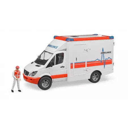 Ambulancia de juguete MB Sprinter de Bruder con luces, sonido y camilla para niños.