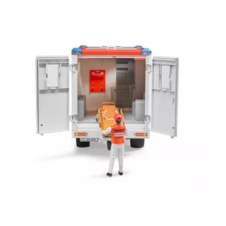 Ambulancia de juguete MB Sprinter de Bruder con luces, sonido y camilla para niños.