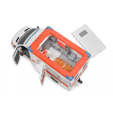 Ambulancia de juguete MB Sprinter de Bruder con luces, sonido y camilla para niños.