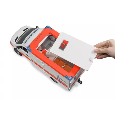 Ambulancia de juguete MB Sprinter de Bruder con luces, sonido y camilla para niños.