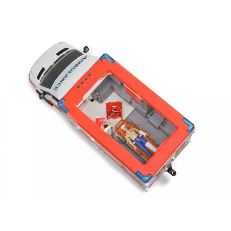 Ambulancia de juguete MB Sprinter de Bruder con luces, sonido y camilla para niños.