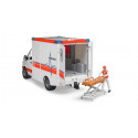 Ambulancia de juguete MB Sprinter de Bruder con luces, sonido y camilla para niños.