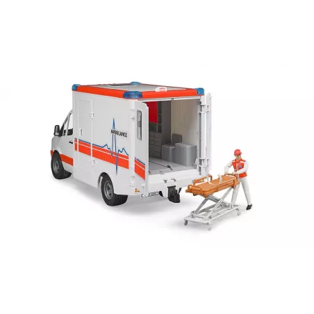 Ambulancia de juguete MB Sprinter de Bruder con luces, sonido y camilla para niños.