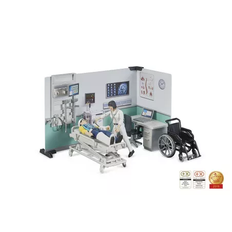 Set de asistencia médica Bruder a escala 1:16 con figura y accesorios de rescate de juguete.