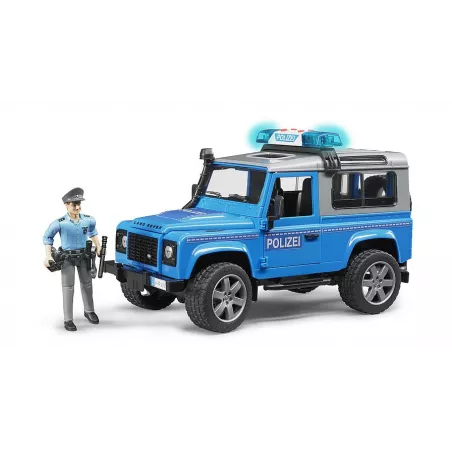 Land Rover de policía de juguete Bruder a escala 1:16 con figura de agente.