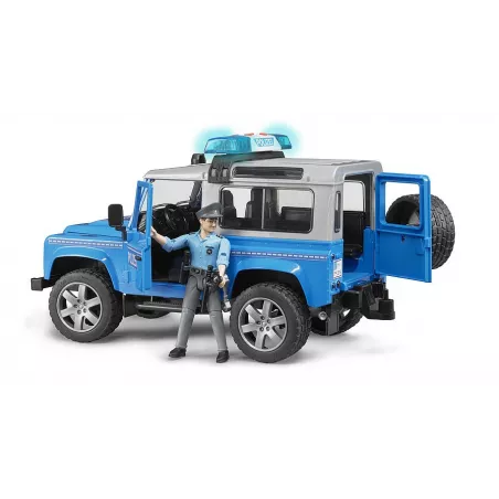 Land Rover de policía de juguete Bruder a escala 1:16 con figura de agente.