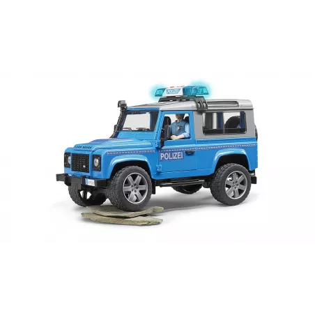 Land Rover de policía de juguete Bruder a escala 1:16 con figura de agente.
