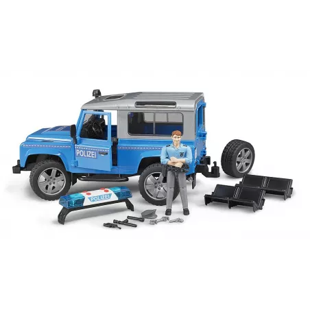 Land Rover de policía de juguete Bruder a escala 1:16 con figura de agente.