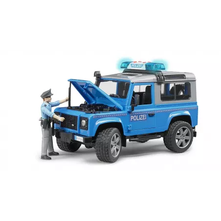Land Rover de policía de juguete Bruder a escala 1:16 con figura de agente.