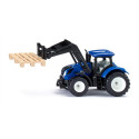 Tractor de juguete New Holland con horquilla delantera, miniatura de metal y plástico resistente.