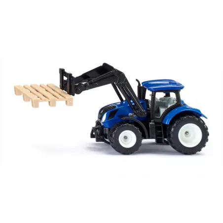 Tractor de juguete New Holland con horquilla delantera, miniatura de metal y plástico resistente.
