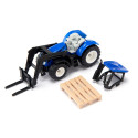 Tractor de juguete New Holland con horquilla delantera, miniatura de metal y plástico resistente.