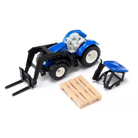 Tractor de juguete New Holland con horquilla delantera, miniatura de metal y plástico resistente.