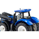 Tractor de juguete New Holland con horquilla delantera, miniatura de metal y plástico resistente.