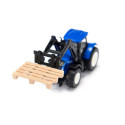 Tractor de juguete New Holland con horquilla delantera, miniatura de metal y plástico resistente.