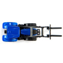 Tractor de juguete New Holland con horquilla delantera, miniatura de metal y plástico resistente.