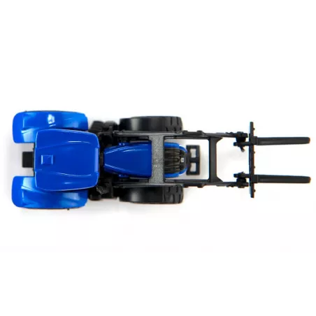 Tractor de juguete New Holland con horquilla delantera, miniatura de metal y plástico resistente.