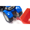 Tractor de juguete New Holland con horquilla delantera, miniatura de metal y plástico resistente.