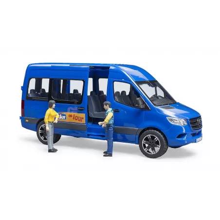 Furgoneta de juguete MB Sprinter Transfer de Bruder a escala 1:16 con figuras de conductor y pasajero.