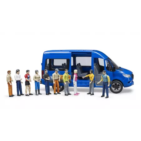 Furgoneta de juguete MB Sprinter Transfer de Bruder a escala 1:16 con figuras de conductor y pasajero.