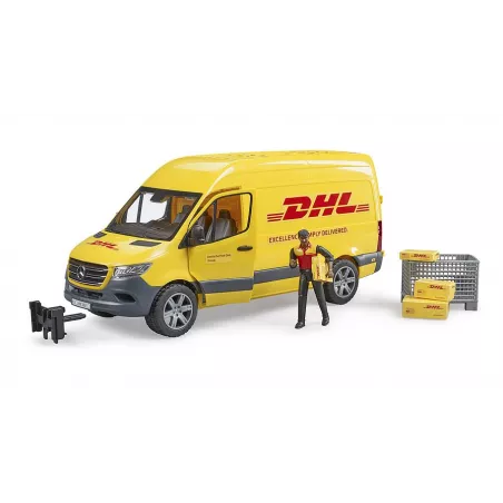 Furgoneta de juguete MB Sprinter DHL a escala 1:16 con figura de repartidor y paquetes Bruder