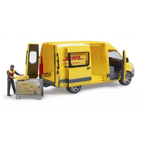 Furgoneta de juguete MB Sprinter DHL a escala 1:16 con figura de repartidor y paquetes Bruder
