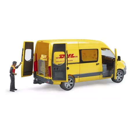 Furgoneta de juguete MB Sprinter DHL a escala 1:16 con figura de repartidor y paquetes Bruder