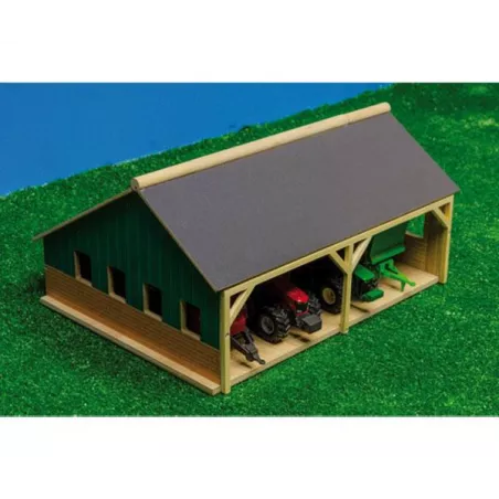 Hangar de madera a escala 1:50 para tractores de juguete con techo abatible.