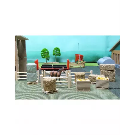 Set de 19 accesorios de granja a escala 1:32 con cercas, pacas de paja y palés para maquetas agrícolas.