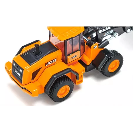 Cargadora de ruedas JCB 457 WLS de juguete en metal y plástico con pala móvil y cargador frontal elevable.