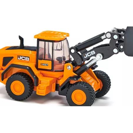 Cargadora de ruedas JCB 457 WLS de juguete en metal y plástico con pala móvil y cargador frontal elevable.