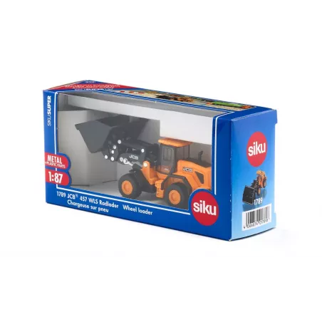 Cargadora de ruedas JCB 457 WLS de juguete en metal y plástico con pala móvil y cargador frontal elevable.