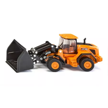 Cargadora de ruedas JCB 457 WLS de juguete en metal y plástico con pala móvil y cargador frontal elevable.