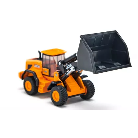 Cargadora de ruedas JCB 457 WLS de juguete en metal y plástico con pala móvil y cargador frontal elevable.