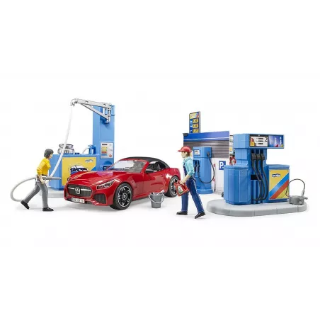 Estación de servicio de juguete Bruder con coche descapotable, gasolinera y túnel de lavado a escala 1:16.
