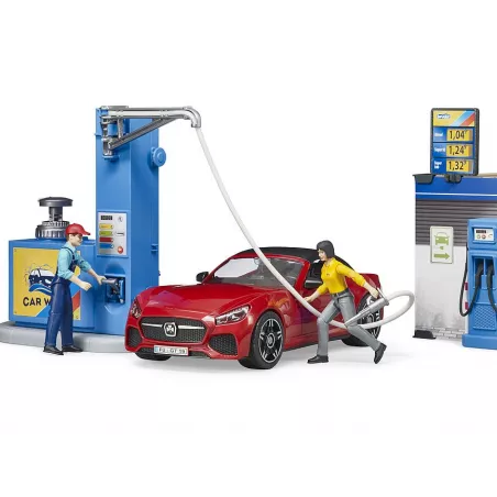 Estación de servicio de juguete Bruder con coche descapotable, gasolinera y túnel de lavado a escala 1:16.