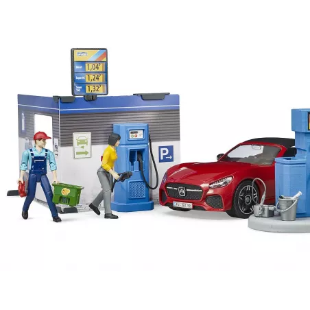 Estación de servicio de juguete Bruder con coche descapotable, gasolinera y túnel de lavado a escala 1:16.