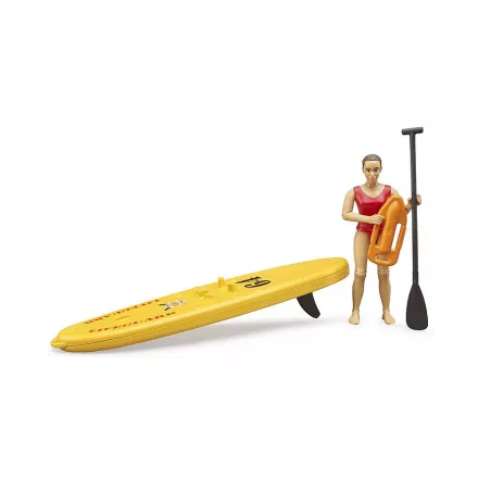 Figura de socorrista bworld de Bruder con tabla de paddle surf y boya de rescate.