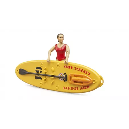 Figura de socorrista bworld de Bruder con tabla de paddle surf y boya de rescate.