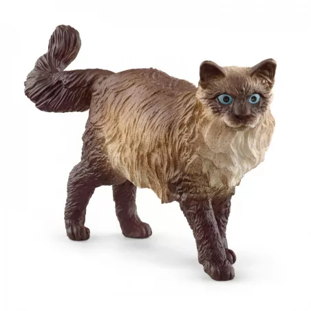 Figura de juguete realista de gato ragdoll marca Schleich con pelaje detallado.