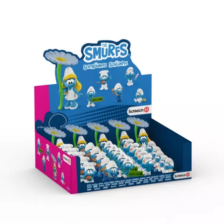 Set de 30 figuras coleccionables de los Pitufos de Schleich en su expositor oficial de 2021.